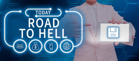 Sign displaying Road To Hell. Business concept Extremely dangerous passageway Dark Risky Unsafe travelの写真素材