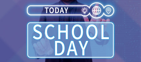 Writing displaying text School Day. Concept meaning starts from seven or eight am to three pm get taught thereの写真素材
