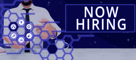Text sign showing Now Hiring. Business approach Workforce Wanted Employees Recruitment Today Job Opportunityの写真素材