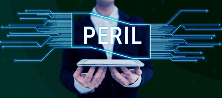 Text sign showing Peril. Internet Concept indicates something extremely difficult, dangerous, or...