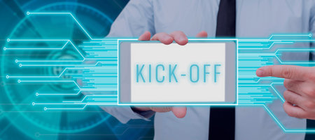 Handwriting text Kick Off. Business overview start or resumption of football match in which player...