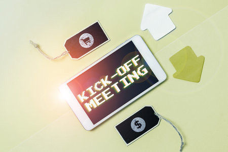Text caption presenting Kick Off Meeting. Business idea first meeting with the project team and the clientの写真素材