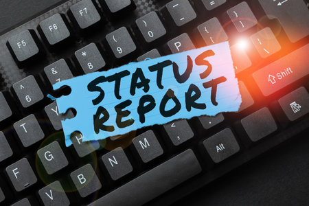 Sign displaying Status Report. Conceptual photo Update Summary of situations as of a period of timeの写真素材