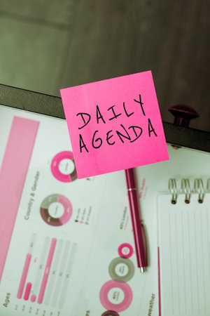 Writing displaying text Daily Agenda. Business concept To do list of items be discussed daily or at formal important meetingの写真素材