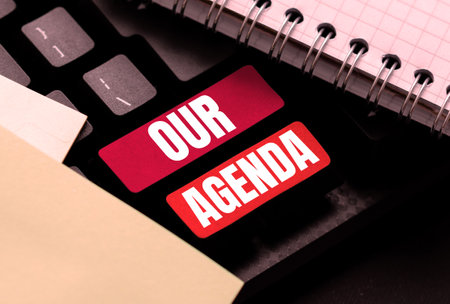 Sign displaying Our Agenda. Business idea Personal schedule reminders method process timetable organizingの写真素材