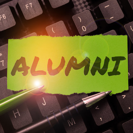 Conceptual caption Alumni. Business idea former pupil or student especially male one of particular schoolの写真素材