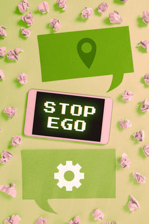 Sign displaying Stop Ego. Word for Control your obsession about a decision or an event or anythingの写真素材