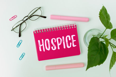 Hand writing sign Hospice. Word Written on focuses on the palliation of a terminally ill patients painの写真素材