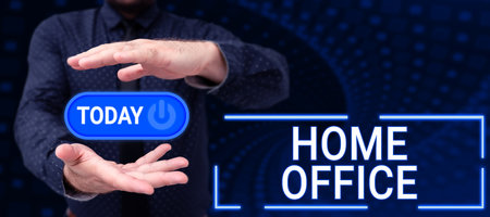 Text caption presenting Home Office. Business overview space designated in a persons residence for...