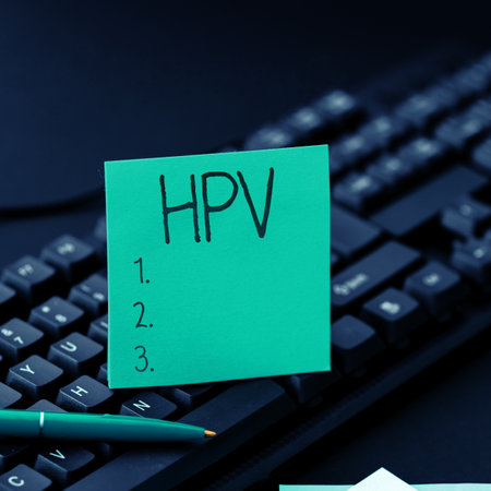 Hand writing sign Hpv. Business concept Group of viruses that affect your skin and the moist membranesの写真素材