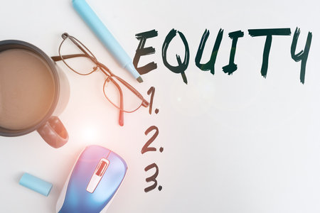 Sign displaying Equity. Business idea quality of being fair and impartial race free One hand Unityの写真素材