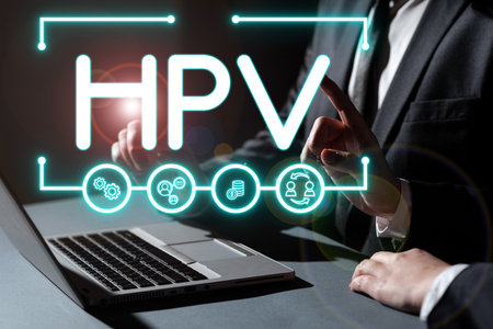 Text caption presenting Hpv. Internet Concept Group of viruses that affect your skin and the moist membranesの写真素材