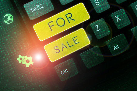 Text showing inspiration For Sale. Word for putting property house vehicle available to be bought by othersの写真素材