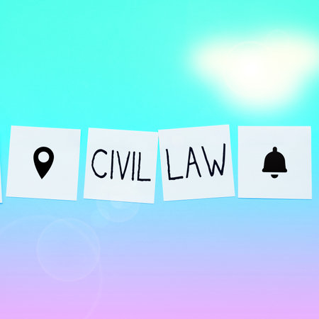 Text sign showing Civil Law. Word Written on Law concerned with private relations between members of communityの写真素材