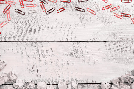 Paperclips Around Important Informations On Desk. Crumpled Notes And Colorful Clips All Over Crutial Announcement. Presented Recent Updates. Text on paper sticker.の写真素材