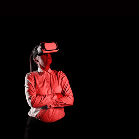 Woman Wearing Vr Glasses And Looking On Important Messages. Businesswoman Having Virtual Reality...