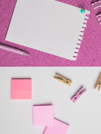 Different Office Supplies, Colored Stickers, Notebooks. Pens, Pencils, Rullers, Marckers. Different School Items. Important information. Accessories lying on desk.の写真素材