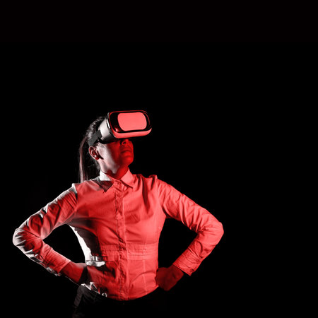 Woman Wearing Vr Glasses And Looking On Important Messages. Businesswoman Having Virtual Reality...