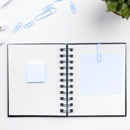 Image with school supplies, colored stickers, notebooks. Pens, pencils, rullers, calculator,...