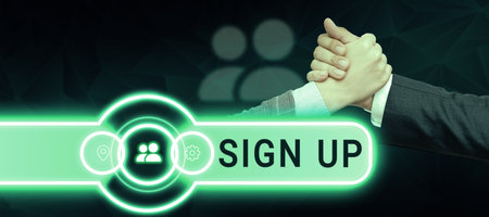 Handwriting text Sign Up. Word for use your information to register in website team college or blog