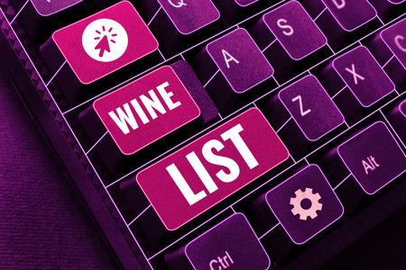 Text sign showing Wine List. Word Written on menu of wine selections for purchase typically in a...