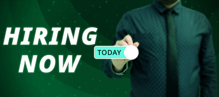 Hand writing sign Hiring Now. Business idea obtain temporary use of something for agreed payment for period timeの写真素材