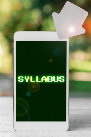 Sign displaying Syllabus. Business concept a summary outline of a discourse, treatise or of examination requirementsの写真素材