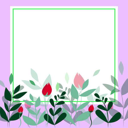 Purple Colored Square Shape Text Frame Surrounded With Assorted Flowers Hearts And Leaves. Framework For Writing Ringed With Different Daisies, Hearts And Tree Leaves.のイラスト素材