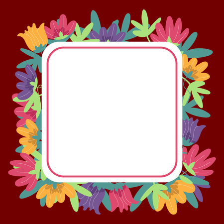 Red Blank Square Frame Decorated With Colorful Flowers And Foliage Arranged Harmoniously. Empty Poster Border Surrounded By Multicolored Bouquet Organized Pleasantly.のイラスト素材
