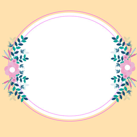 Text Frame Surrounded With Assorted Flowers Hearts And Leaves. Framework For Writing Ringed With Different Daisies, Hearts And Tree Leaves. Yellow color. Circle shape.のイラスト素材