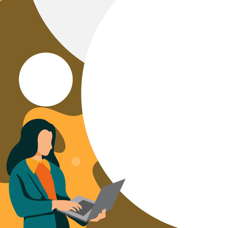 Businesswoman standing on the bright colored background. Woman holding laptop and typing text. Big white speech bubble contains important information. Presenting agenda.のイラスト素材