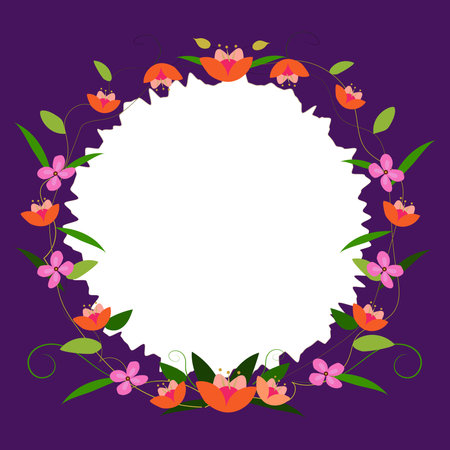 Frame Decorated With Colorful Flowers And Foliage Arranged Harmoniously. Empty Poster Border Surrounded By Multicolored Bouquet Organized Pleasantly. Dark Purple color.のイラスト素材