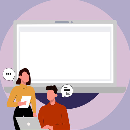 Man sitting at the table with laptop. Woman standing near computer. People discussing latest news. Big white text holder on colored background contains agenda.のイラスト素材