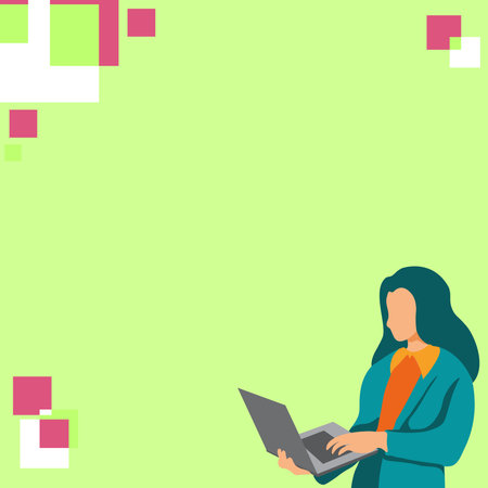 Businesswoman standing on the bright colored background. Woman holding laptop and typing text. Big white speech bubble contains important information. Presenting agenda.のイラスト素材