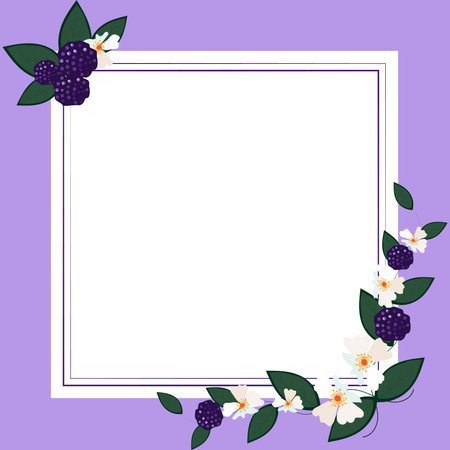 Blank purple Frame Decorated With Colorful Flowers And Foliage Arranged Harmoniously. Empty Poster Border Surrounded By Multicolored Bouquet Organized Pleasantly.のイラスト素材