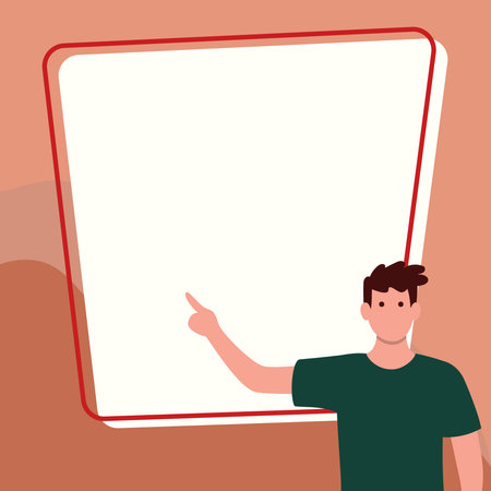 Presentator shows important information on whiteboard. Man show main message written over big text holder. Finger pointing to table with words.のイラスト素材