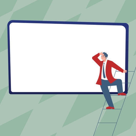Businessman standing on stairs looking at text. Big whiteboard contains important information. Empty speech bubble with brand new Ideas. Presented Critical Updates.のイラスト素材