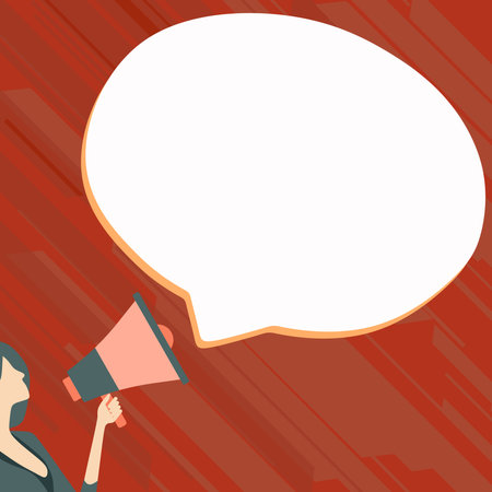 Woman Presenting Important Information with megaphone. Girl holding amplifier. Device in hand. Big White Speech Bubble with text on bright colored background.のイラスト素材