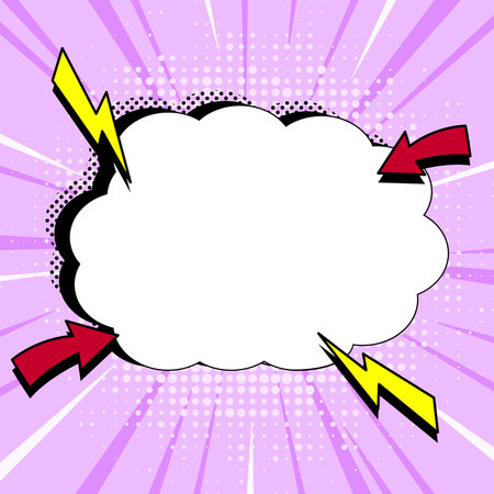 Comic Blank Speech Bubble With Copy Space And Colorful Doodles. Design Of Empty Template In Explosion Framework Representing Social Media Messaging And Connecting.のイラスト素材