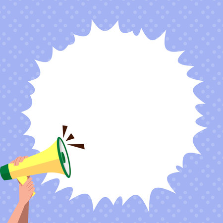 Hand Holding Megaphone Voice Device With Speech Balloon Presenting Fresh And Important News Messages. Bullhorn Drawing With Conversation Bubble Showing New Announcement.のイラスト素材