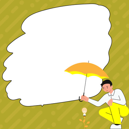 Yung man holding umbrella sitting and looking at rose. Save the flower from rain. Blank white space for text on colored background. Brand new information. Main message.のイラスト素材