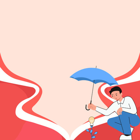 Yung man holding umbrella sitting and looking at rose. Save the flower from rain. Blank white space for text on colored background. Brand new information. Main message.のイラスト素材