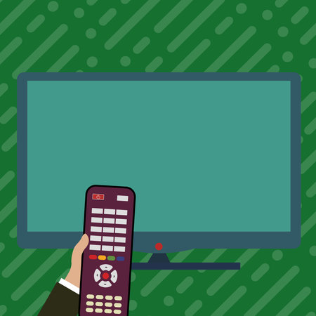 Illustration with TV and hand holding remote control. Important information on screen. Monitor contains Main message. Display on Bright colored background.のイラスト素材