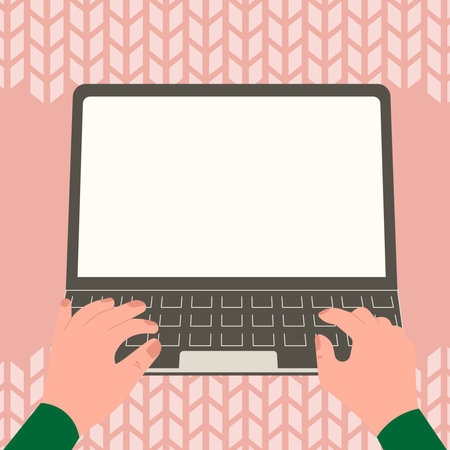 Hands typing text with keyboard. Laptop screen contains important information. PC contains main message. Updates Presented on computer monitor. Bright colored background.のイラスト素材