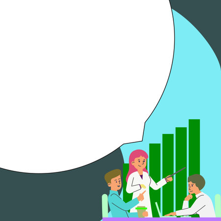 People sitting at table discussing latest news. White dialogue bubble contains important information. Empty big whiteboard for text on bright colored background.のイラスト素材