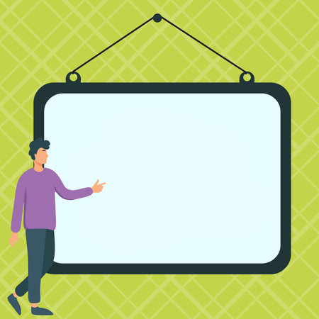 Presentator shows important information on whiteboard. Man show main message written over big text holder. Finger pointing to table with words.のイラスト素材