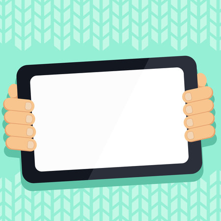 Two hands holding tablet with Critical Announcements. Important information on the screen. Blank space for text. Empty box to presentation. Bright colored background.のイラスト素材