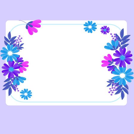 Blank purple Frame Decorated With Colorful Flowers And Foliage Arranged Harmoniously. Empty Poster Border Surrounded By Multicolored Bouquet Organized Pleasantly.のイラスト素材