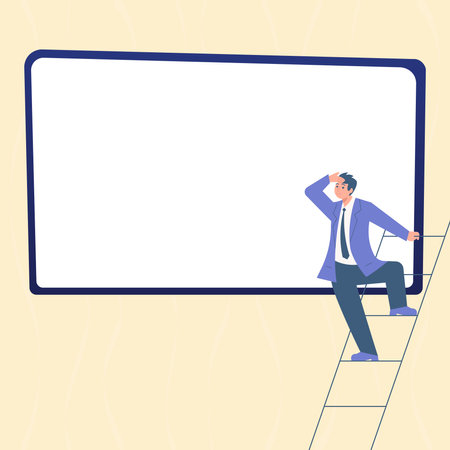 Businessman standing on stairs looking at text. Big whiteboard contains important information. Empty speech bubble with brand new Ideas. Presented Critical Updates.のイラスト素材