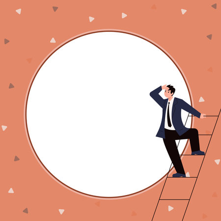 Businessman standing on stairs looking at text. Big whiteboard contains important information. Empty speech bubble with brand new Ideas. Presented Critical Updates.のイラスト素材